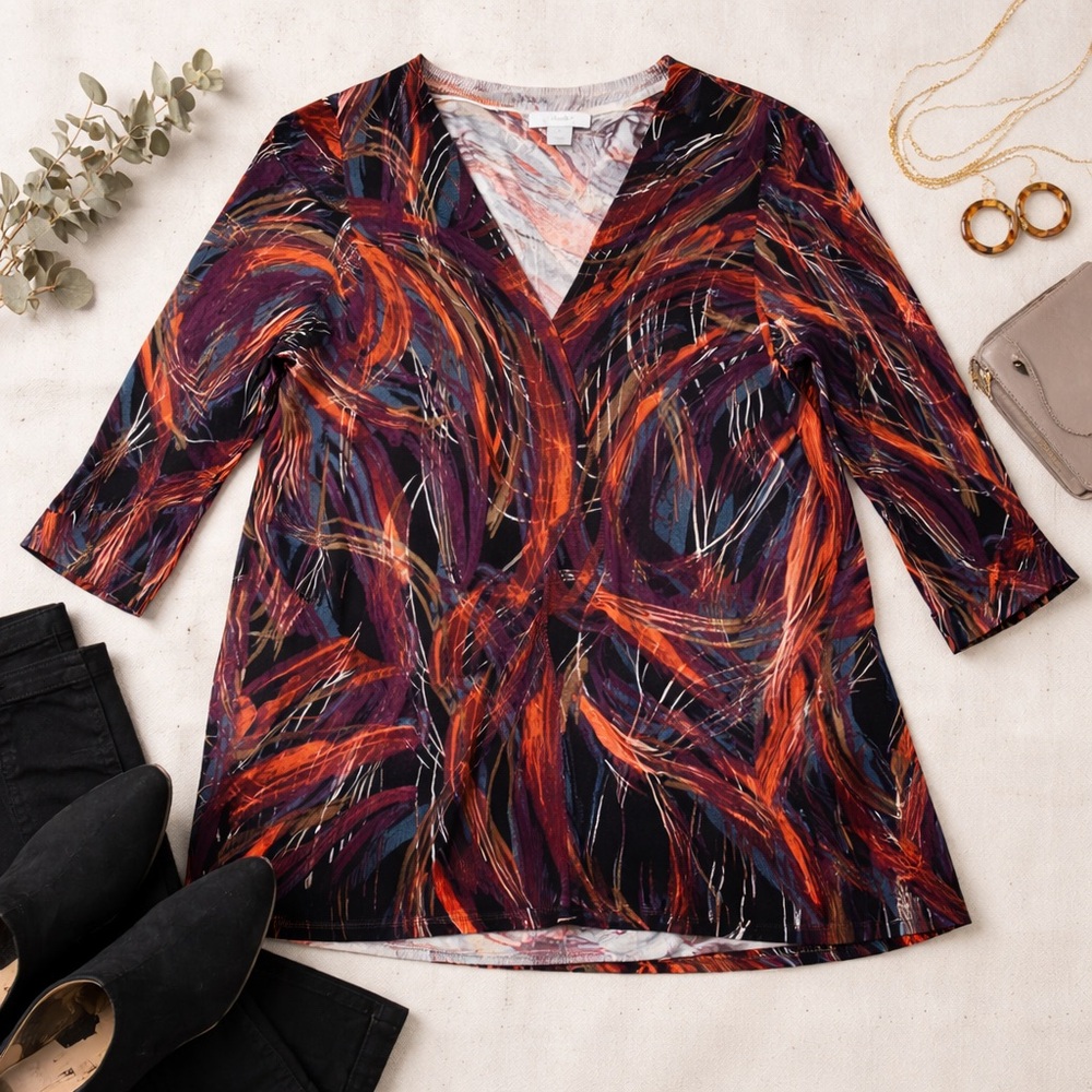 CJ Banks 1X Abstract Art Print Top V-Neck Burnt Orange Plum Fall Sweater